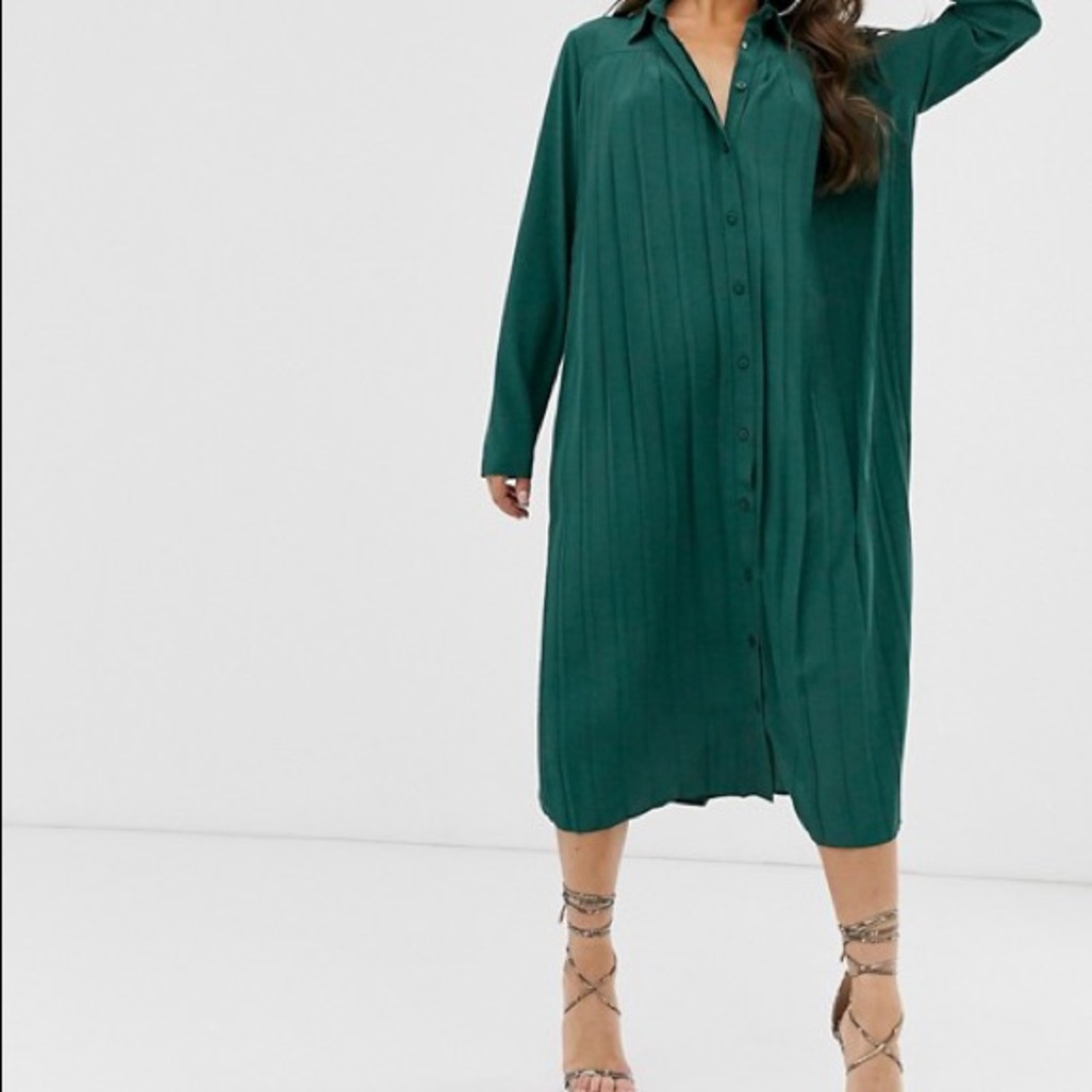 NWT ASOS Pleated Midi Shirt Dress in Forest Green